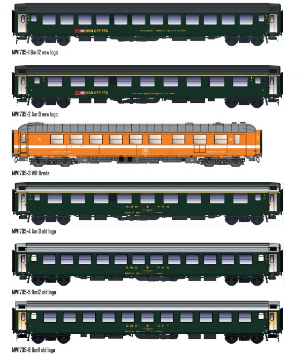 LS Models MW1705  Set of 6 passenger cars Iris Brüssel-Chur, SBB/SNCB