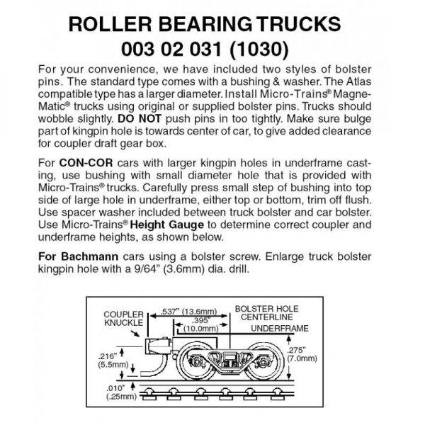 Micro Trains 00302031 (1030)   N Roller Bearing Trucks w/ short ext. couplers (1 pr)