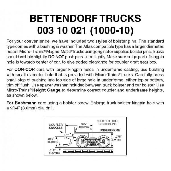 Micro Trains 00310021 (1000-10)   N Bettendorf Trucks w/ short ext. couplers (10 pr)