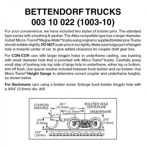 Micro Trains 00310022 (1003-10)   N Bettendorf trucks w/medium ext couplers (10 pr)