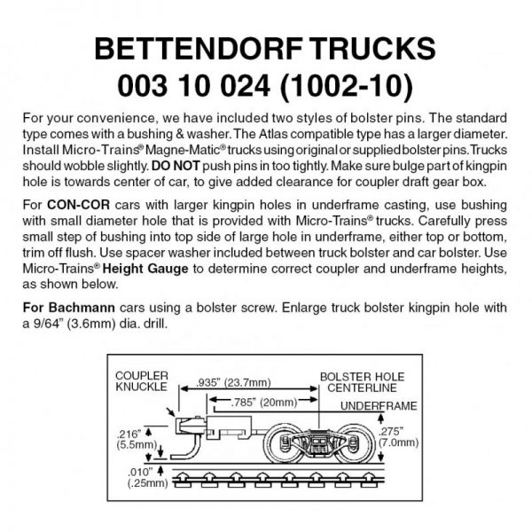 Micro Trains 00310024 (1002-10)   N Bettendorf trucks with long ext. couplers (10 pr)