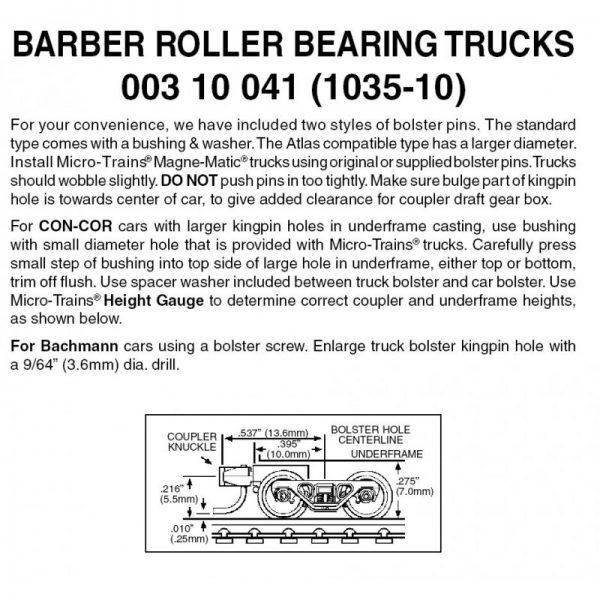 Micro Trains 00310041 (1035-10)   N Barber Roller Bearing Trucks w/ short ext. couplers (10 pr)