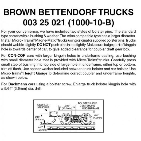 Micro Trains 00325021 (1000-10B)   N Brown Bettendorf w/short ext. couplers (10 pr)