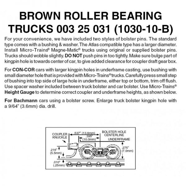 Micro Trains 00325031 (1030-10B)   N Brown Roller Bearing w/ short ext. couplers (10 pr)