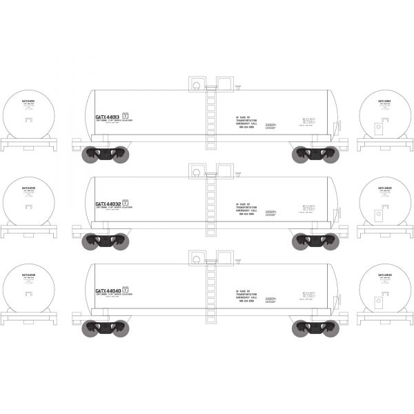 Athearn 13718   N 50′ RTC 20,000 Gallon Tank Car, GATX White (3 Pack) #44013, 44032, 44040