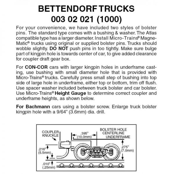 Micro Trains 00302021 (1000)   N Bettendorf trucks w/short ext. couplers. 1 pr