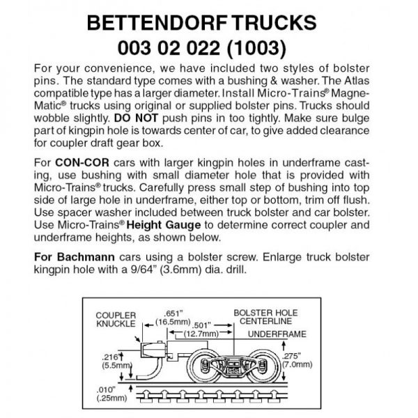 Micro Trains 00302022 (1003)   N Bettendorf trucks w/medium ext. couplers. 1 pr