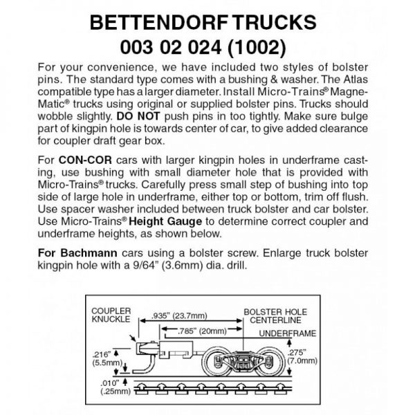 Micro Trains 00302024 (1002)   N Bettendorf trucks with long ext. couplers (1 pr)