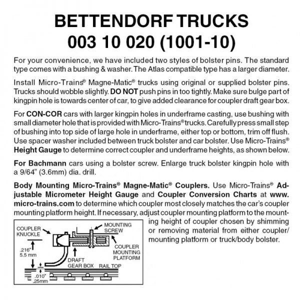 Micro Trains 00310020 (1001-10)   N Bettendorf Trucks w/o couplers (10 pr)