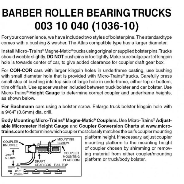 Micro Trains 00310040 (1036-10)   N Barber Roller Bearing w/o couplers (10 pr)