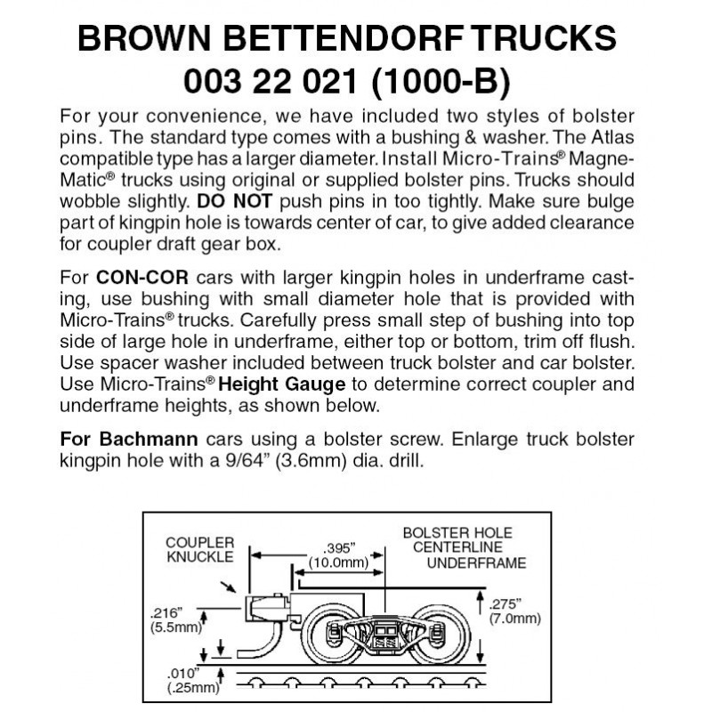 Micro-Trains 00322021 N 1000B Brown Bettendorf Trucks w/Short Extension Couplers 