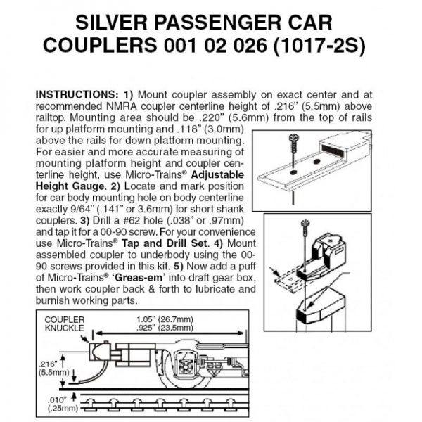 Micro Trains 00102026 (1017-2S)    Silver Passenger Car Couplers (2pr)