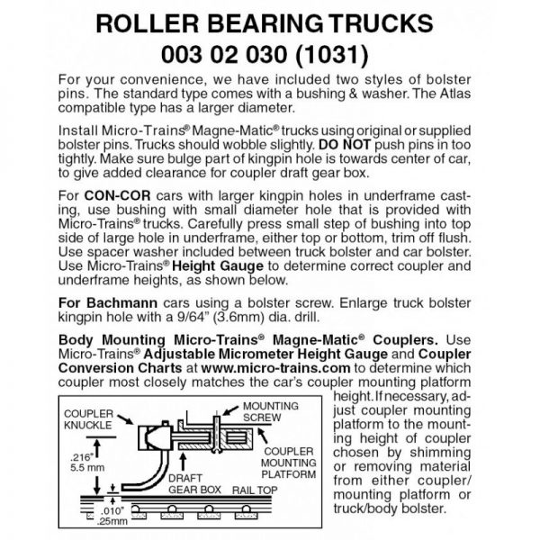 Micro Trains 00302030 (1031)   N Roller Bearing Trucks w/o couplers (1 pr)