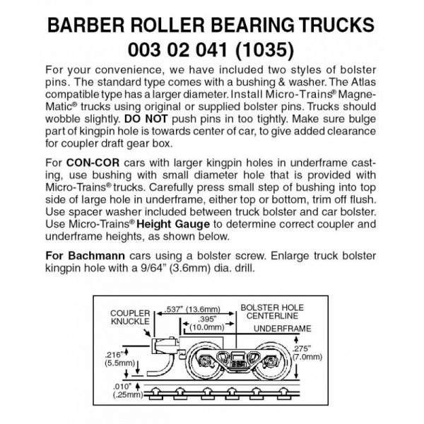 Micro Trains 00302041 (1035)   N Barber Roller Bearing Trucks w/ short ext. couplers (1 pr)