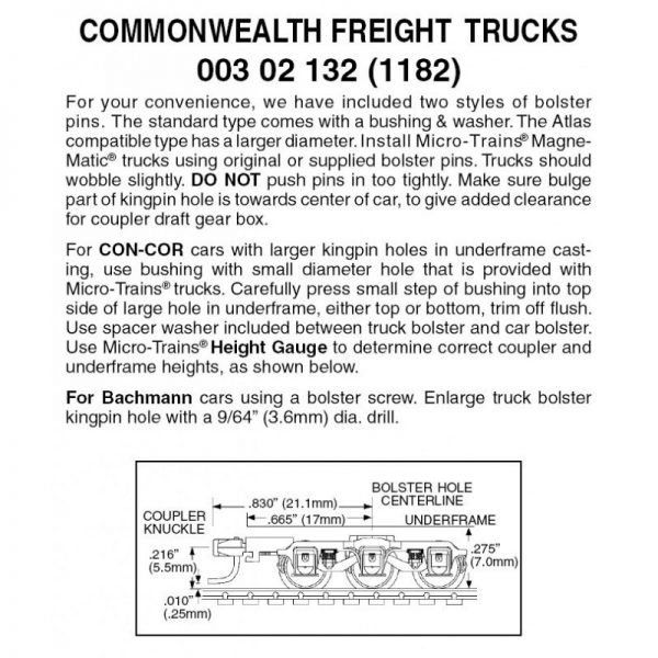 Micro Trains 00302132 (1182)   N 6-wheel Commonwealth Freight Trucks w/med. ext. couplers (1 Pr)