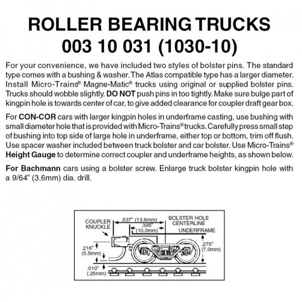 Micro Trains 00310031 (1030-10)   N Roller Bearing Trucks w/ short ext. couplers (10 pr)