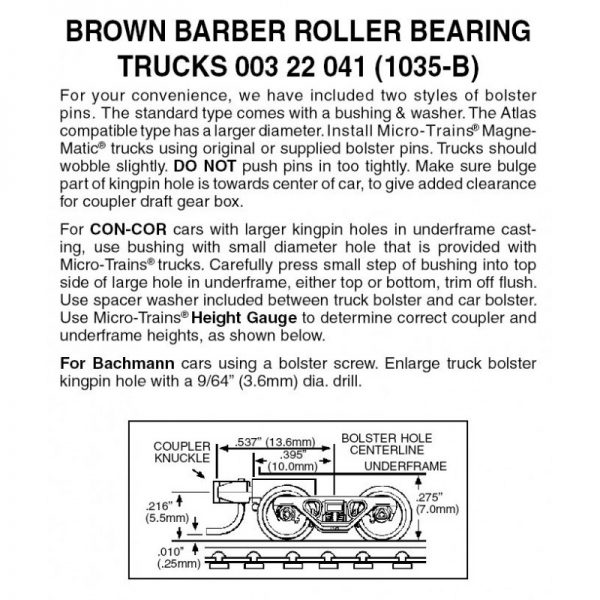 Micro Trains 00322041 (1035-B)   N Brown Barber Roller Bearing Trucks w/ short ext. couplers (1 pr)