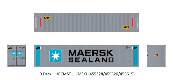 Aurora Miniatures HCCMST1  45' Hi-Cube Dry Container, Maersk Sealand 1 (3 Pack)