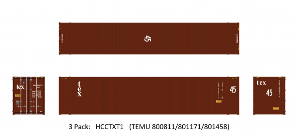 Aurora Miniatures HCCTXT1  45' Hi-Cube Dry Container, TEX (3 Pack)