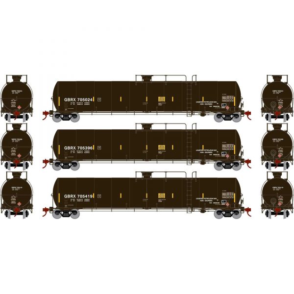 Athearn Genesis 25658   33,900-Gallon LPG Tank/Late, GBRX (3 Pack)