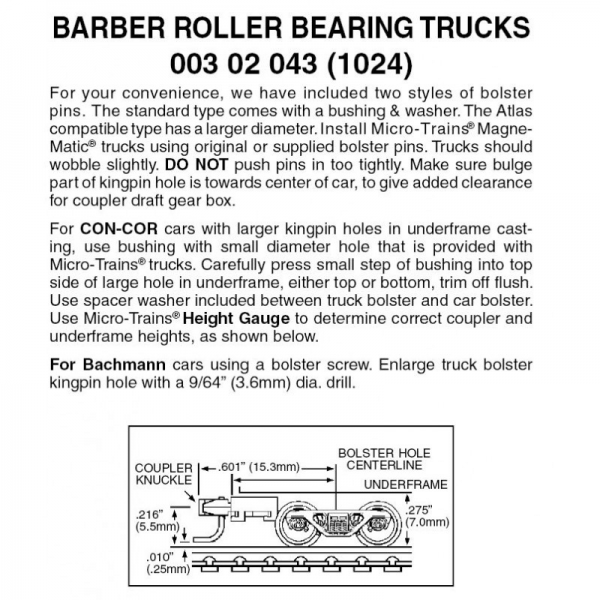 Micro Trains 00302043 (1024)   N Barber Roller Bearing Trucks w/med ext couplers (1pr)