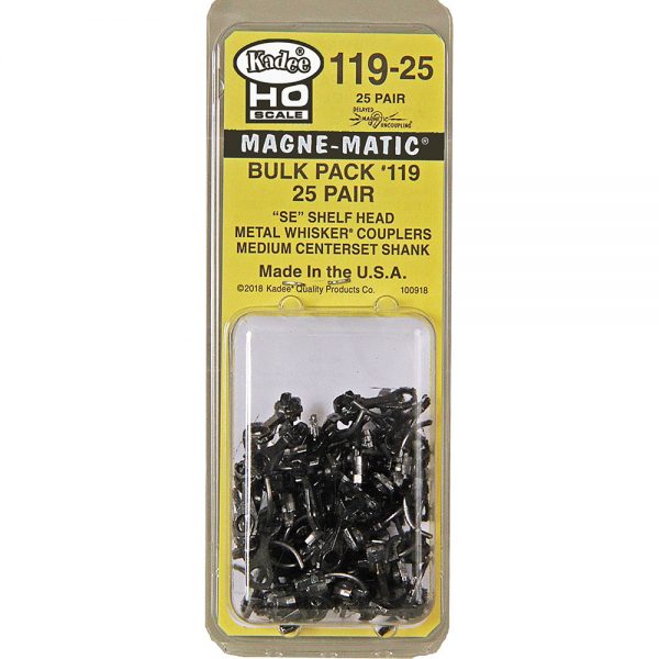 Kadee #119-25 HO Scale Bulk Pack - 25 pair #119 SE Shelf Whisker® Metal Coupler - Medium (9/32") Centerset Shank