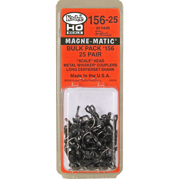 Kadee #156-25 HO Scale Bulk Pack - #156 "Scale" Whisker® Metal Couplers - Long (25/64") Centerset Shank (25pr)