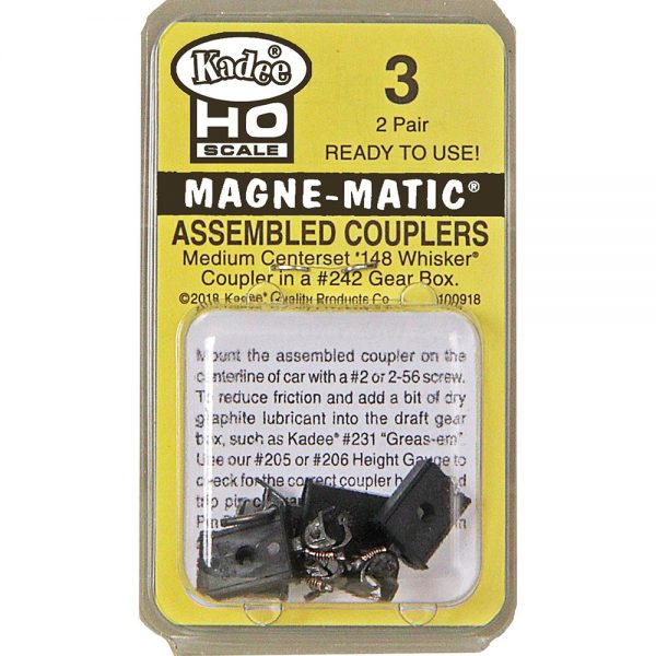 Kadee #3  HO Scale Assembled #148 Whisker® Metal Couplers - Medium (9/32") Centerset Shank (2pr)