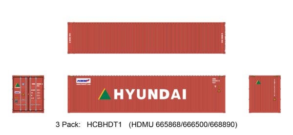 Aurora Miniatures HCBHDT1 40ft Containers 3 Pack, Hyundai (HDMU 665868/666500/668890)