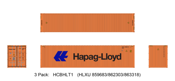Aurora Miniatures HCBHLT1 40ft Containers 3 Pack, Hapag-Lloyd Large Logo (HLXU 859683/862303/863318)