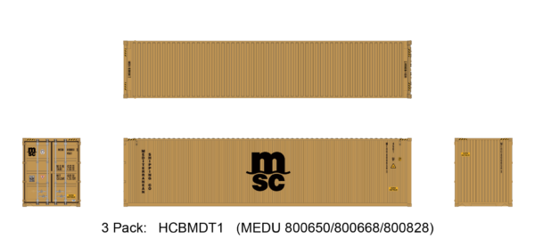 Aurora Miniatures HCBMDT1 40ft Containers 3 Pack, MSC Ochre (MEDU 800650/800668/800828)