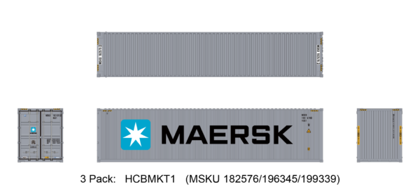 Aurora Miniatures HCBMKT1   40ft Containers 3 Pack, Maersk Large Logo #1 (MSKU 182576/196345/199339)