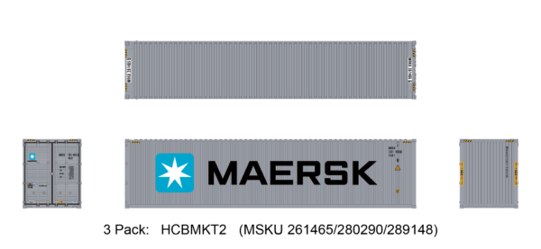 Aurora Miniatures HCBMKT2   40ft Containers 3 Pack, Maersk Large Logo #2 (MSKU 261465/280290/289148)