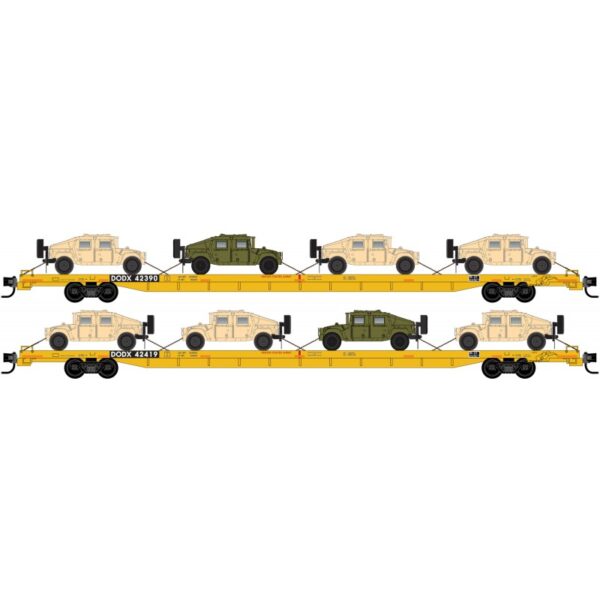 Micro Trains 99302180   89' DODX 2pk with 8 Humvee Vehicles