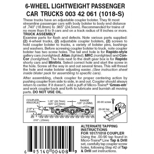 Micro Trains 00342061 (1018S)   N 6-Wheel Passenger Car Trucks w/ adj. couplers Silver 1pr