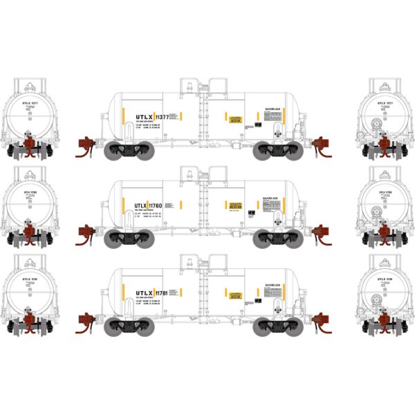 Athearn 15332  13,600-Galon Acid Tank, UTLX, White #11377, 11781, 11760 (3 Pack)