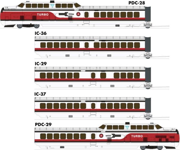 Rapido Trains 203503  UAC TurboTrain 5-Car Set, Early Amtrak #52-73-74-75-53 (DC/DCC/Sound)