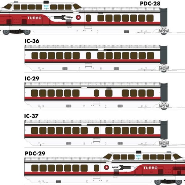 Rapido Trains 203503  UAC TurboTrain 5-Car Set, Early Amtrak #52-73-74-75-53 (DC/DCC/Sound)