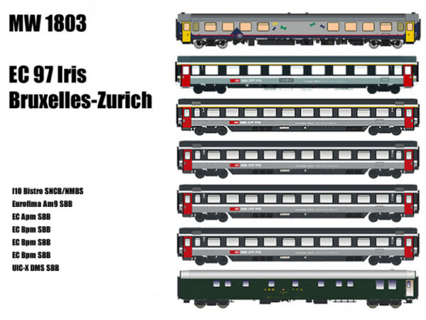 LS Models MW1803  7-part passenger car set EC97 Iris Brussels-Strasbourg-Zurich, SBB/SNCB