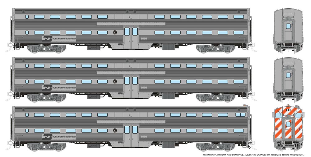 Rapido Trains 145001  Gallery Commuter Car: Burlington Northern: Set #1 (Cab: 791 Coaches: 728, 746)