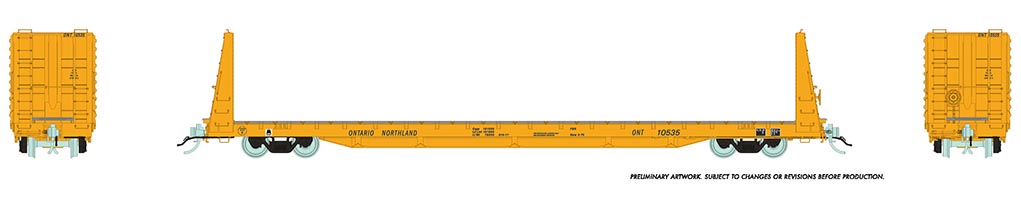 Rapido Trains 147007-1  Marine Industries Bulkhead Flatcar: Ontario Northland (Yellow Scheme) #10535