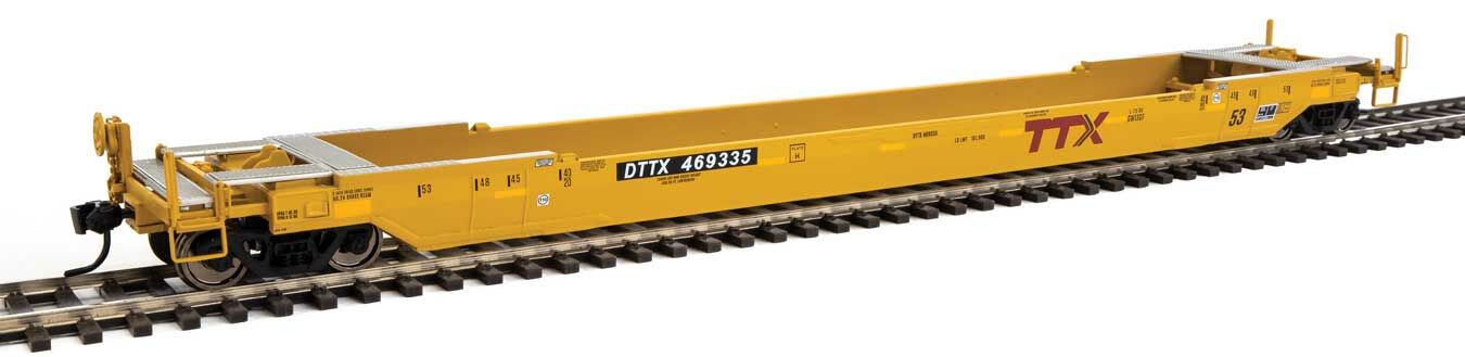 WalthersProto 109033  HO Gunderson Rebuilt All-Purpose 53' Well Car, DTTX #469335 (yellow, large red logo)