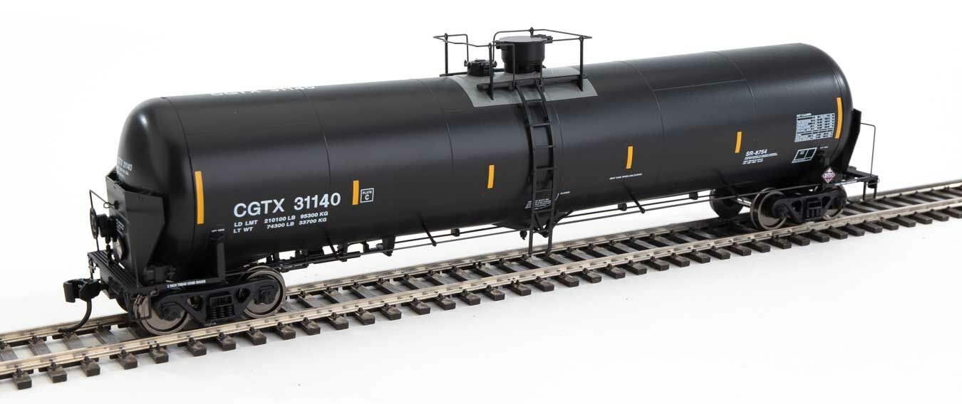 WalthersProto 100735  HO 55' Trinity Modified 30,145-Gallon Tank Car, GATX Rail Canada CGTX #31140 (black, white; yellow conspicuity marks)