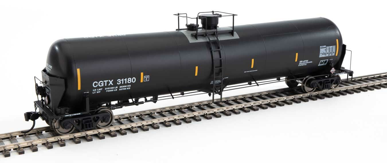 WalthersProto 100736  HO 55' Trinity Modified 30,145-Gallon Tank Car, GATX Rail Canada CGTX #31180 (black, white; yellow conspicuity marks)