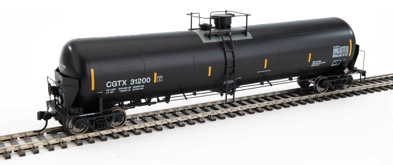 WalthersProto 100737  HO 55' Trinity Modified 30,145-Gallon Tank Car, GATX Rail Canada CGTX #31200 (black, white; yellow conspicuity marks)