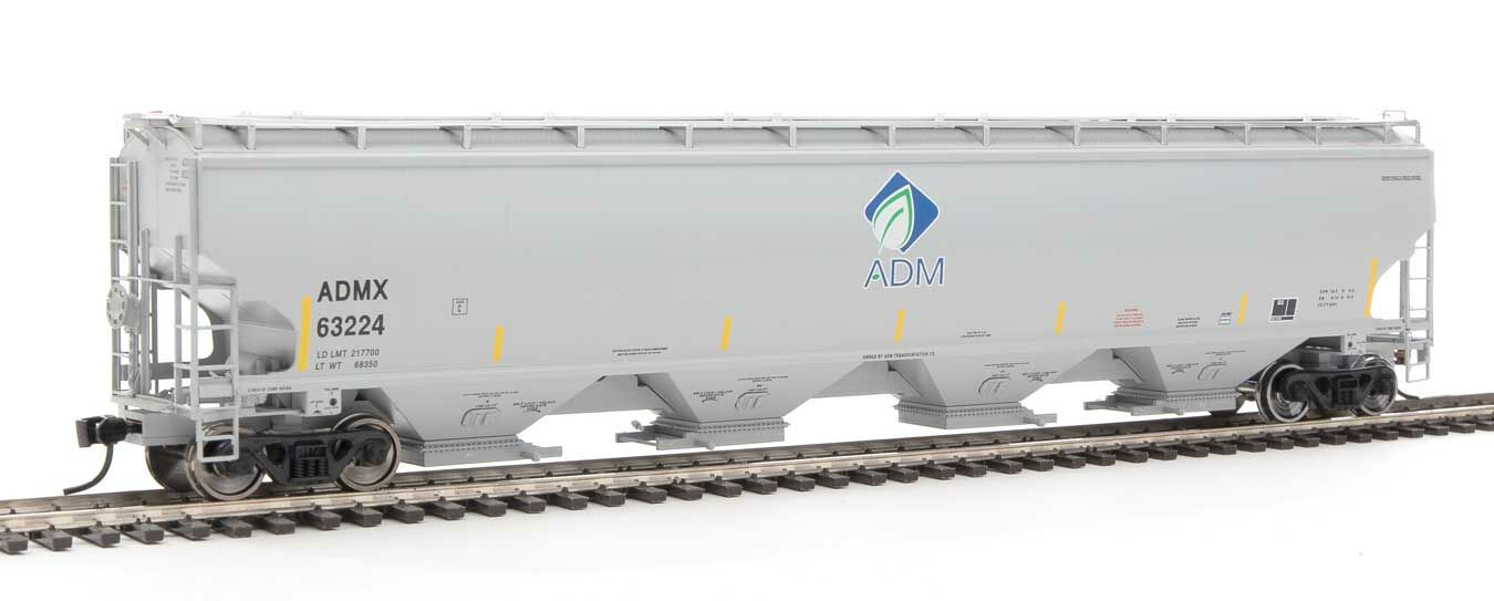 WalthersProto 105839  HO 67' Trinity 6351 4-Bay Covered Hopper, Archer-Daniels-Midland #63224 (gray, Leaf Logo, Yellow Conspicuity Stripes)