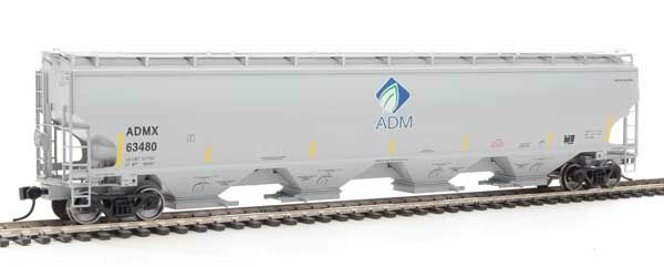 WalthersProto 105842  HO 67' Trinity 6351 4-Bay Covered Hopper, Archer-Daniels-Midland #63480 (gray, Leaf Logo, Yellow Conspicuity Stripes)
