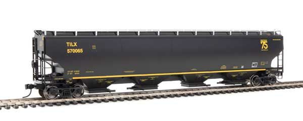 WalthersProto 105862  HO 67' Trinity 6351 4-Bay Covered Hopper, Trinity Industries Leasing TILX #570065 (black, gold; 75th Anniversary Logo)