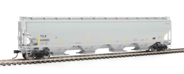 WalthersProto 105864  HO 67' Trinity 6351 4-Bay Covered Hopper, Trinity Industries Leasing TILX #640683 (gray, yellow conspicuity stripes)