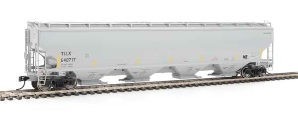 WalthersProto 105865  HO 67' Trinity 6351 4-Bay Covered Hopper, Trinity Industries Leasing TILX #640717 (gray, yellow conspicuity stripes)